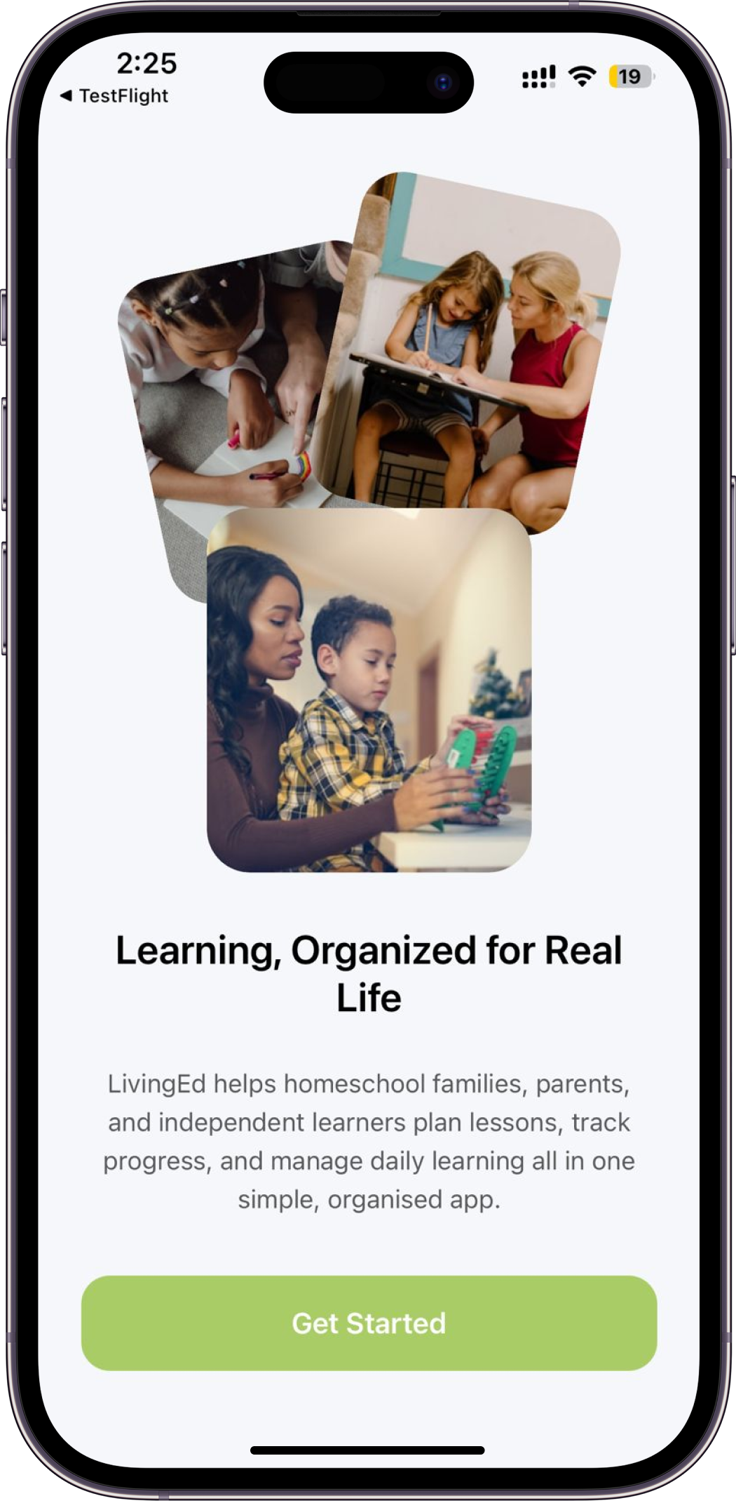 LivingEd homeschool app dashboard showing calendar, reading log, and child progress